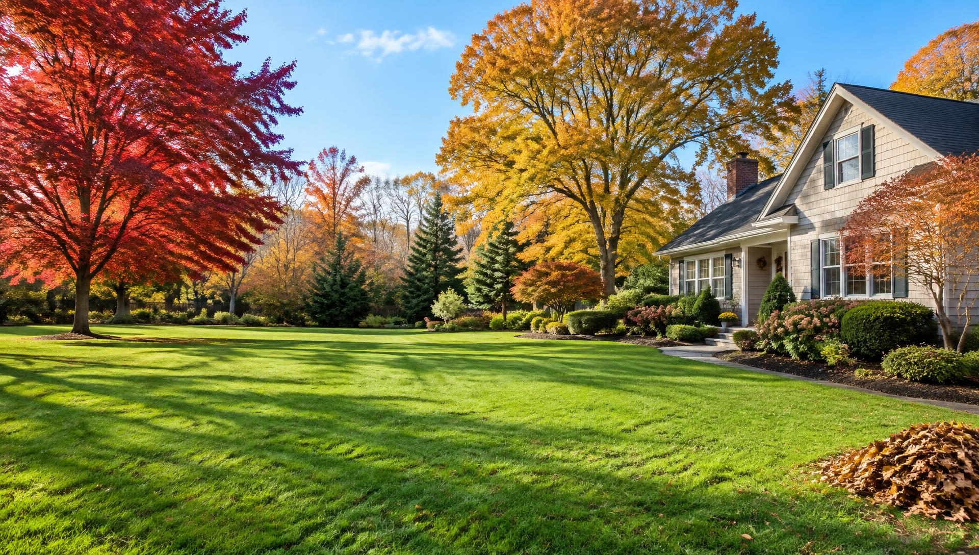 Clean autumn lawn with red and gold trees and landscaped borders — generated inspiration, not a Butlers project